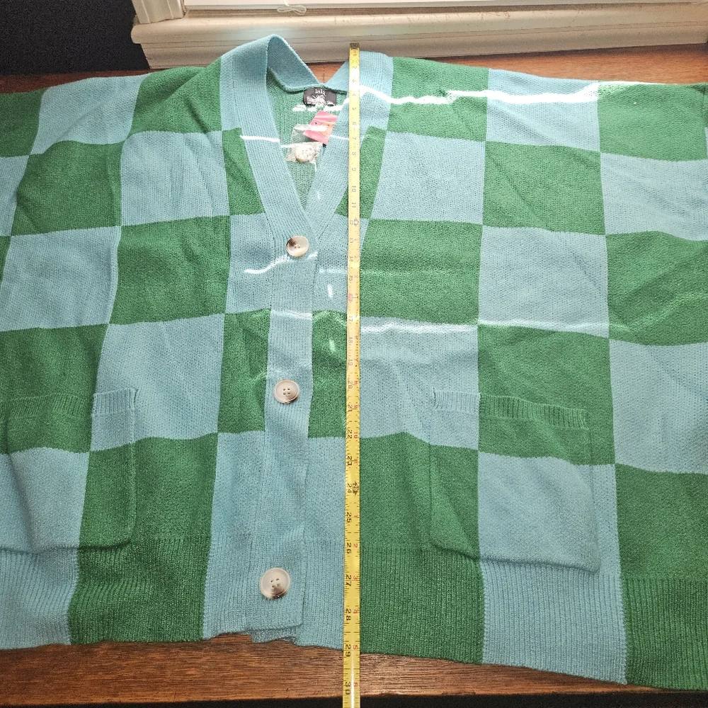LALA ORIGINAL Love You Oversized Checkerboard Cardigan in Emerald + Sky - Picture 8 of 8